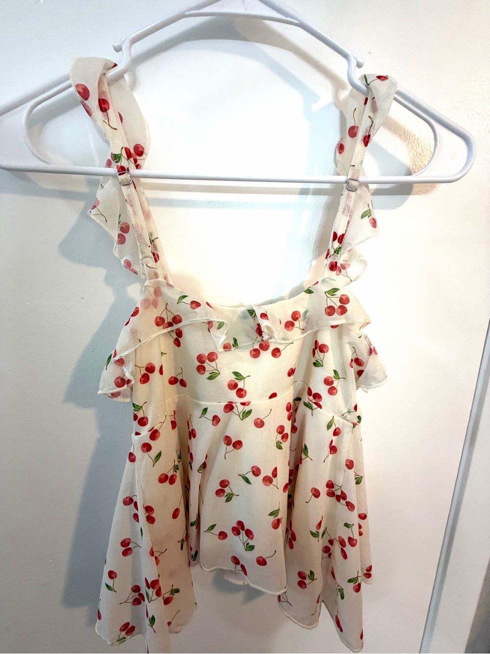 Wild Fable Cherry Print Tie Front Top White Red Cottagecore Babydoll Tank - Picture 3 of 5